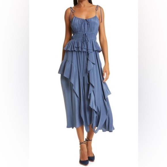 ULLA JOHNSON Livinia ruffled gathered silk midi dress in Indigo Blue 0 NWT 765$ - Picture 2 of 10